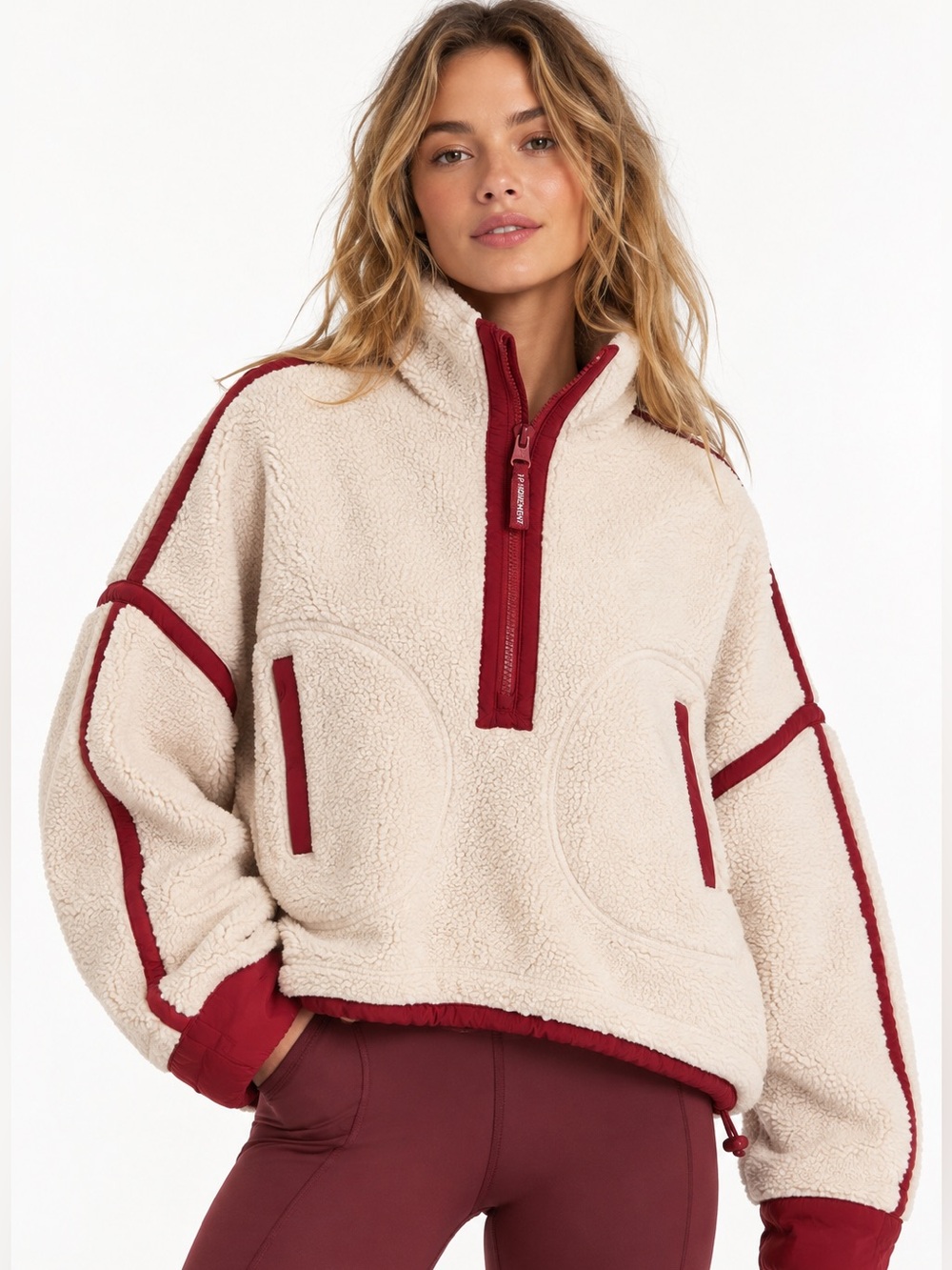 #1037 FP Movement Hit The Slopes Fleece Pullover XS Cream Burgundy Half Zip
